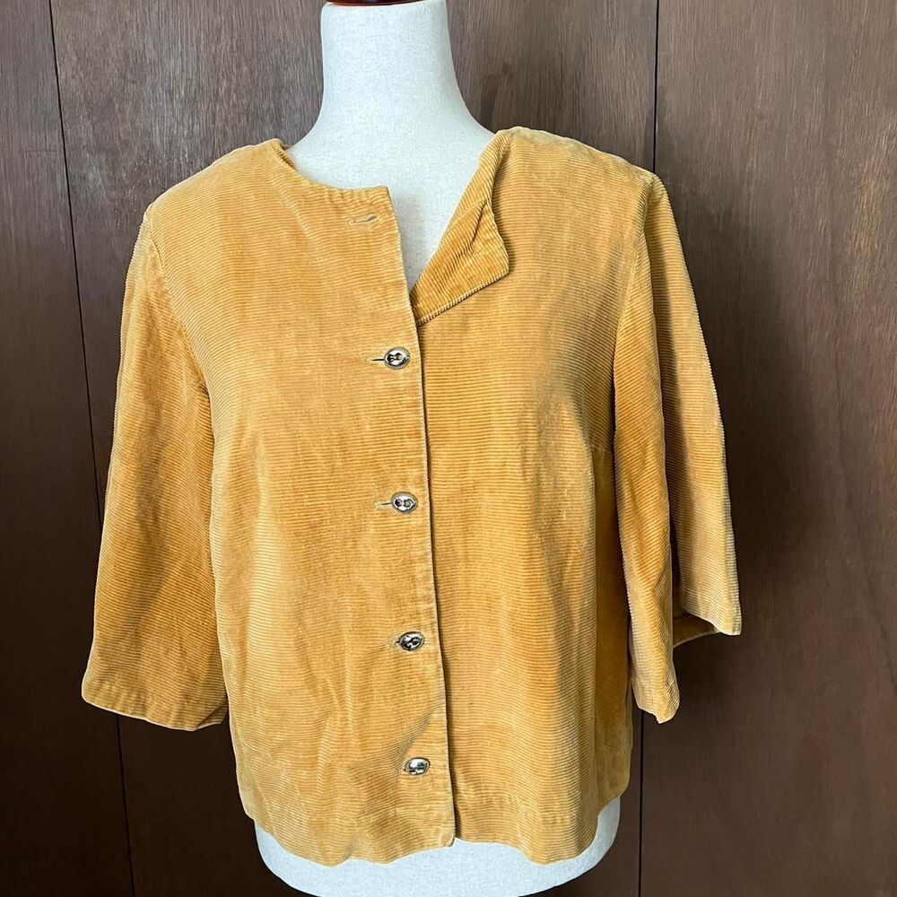 VTG Women's Mustard Yellow Corduroy Shirt Jacket with Red and Green Tassels